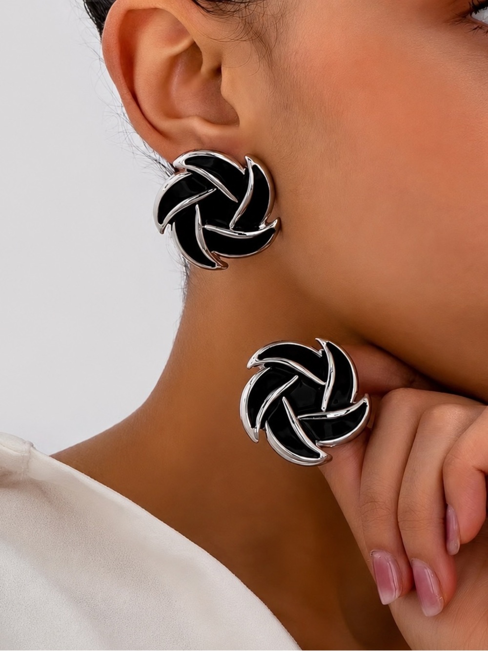 Anthropologie Classic Black Swirl Silver-Trim Stud Earrings - Women Jewelry NWOT